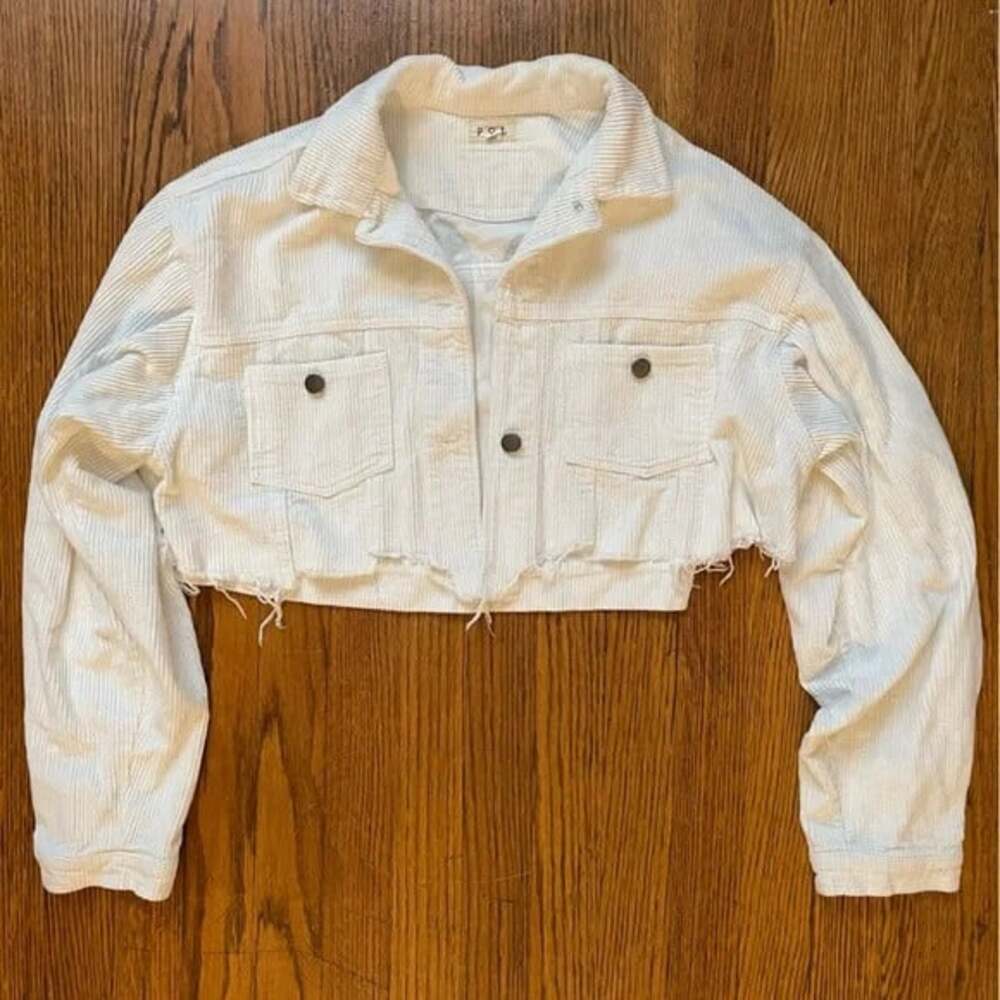 POL White Distressed Hem Coastal Cowgirl Cropped Corduroy Bolero Jacket Large